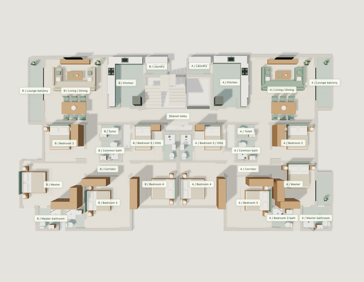 Revised Southfield typical floor, showing Apartments A and B with Bedroom 5 / DSQ
